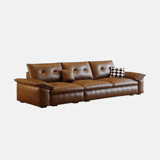 Minimalist Tofu Block Sofa Brown Leather for Living Room
