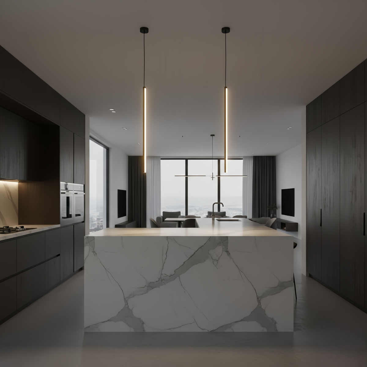 Arcato Minimalist Linear Pendant Light Black Metal Lamp for Bedroom