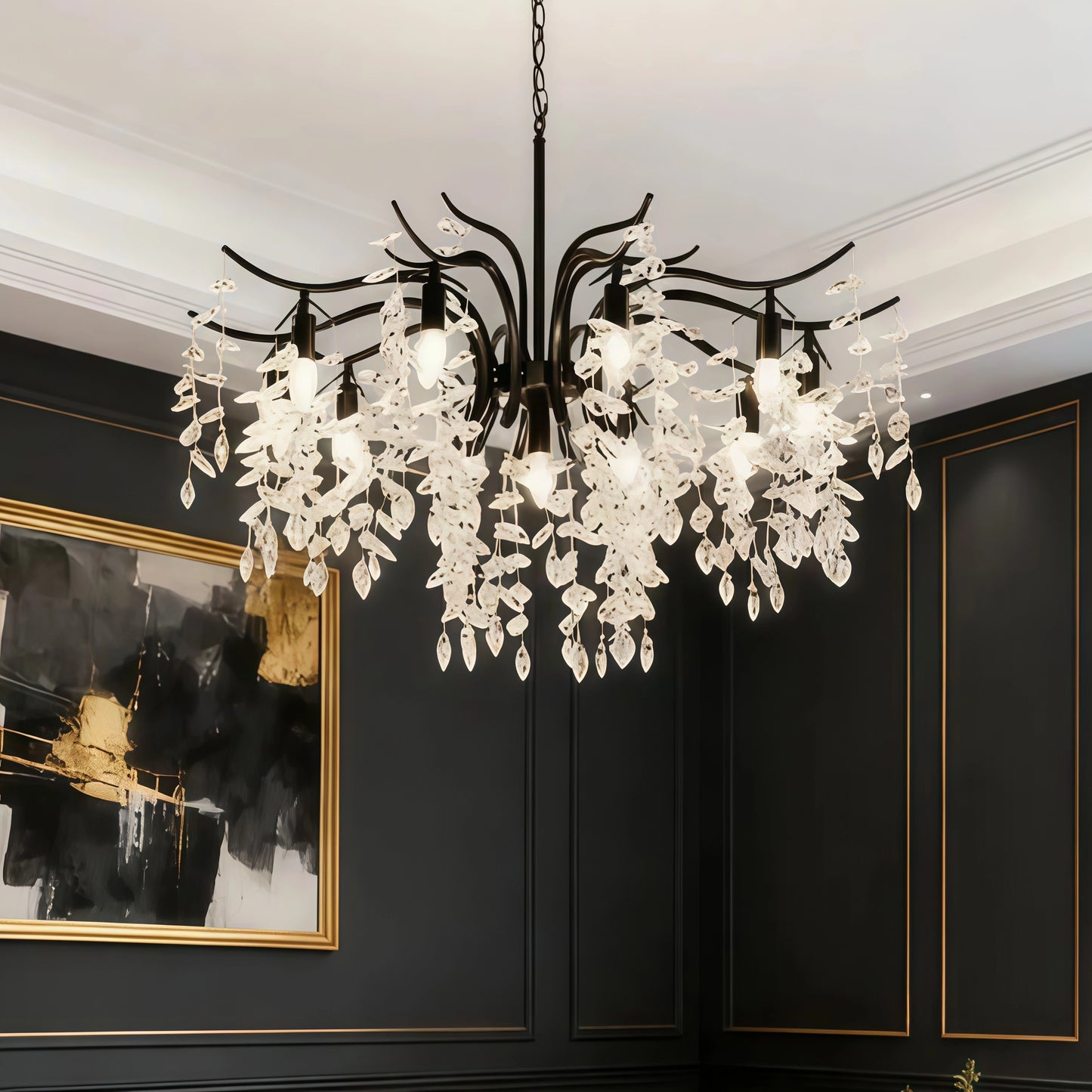 Excelis Royal Crystal Chandelier – Luxurious Black/Gold Finish for Living/Dining Room