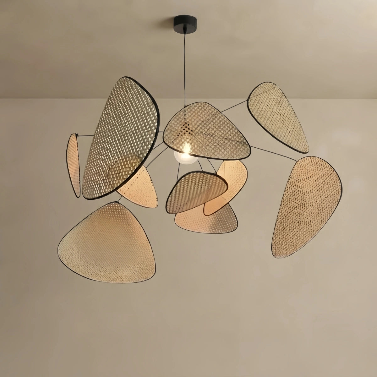 Zenno Art Deco Designer Rattan Chandelier – Geometric Metal Frame 