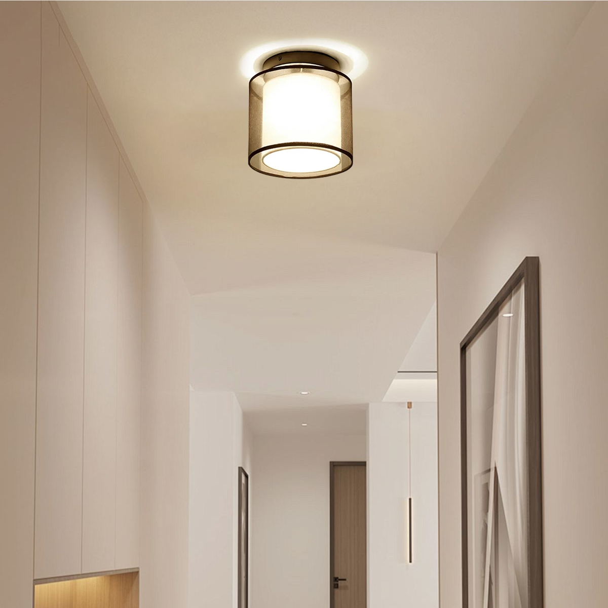 Flush Mount Ceiling Light — Fabric & Metal Square/Circular in Black