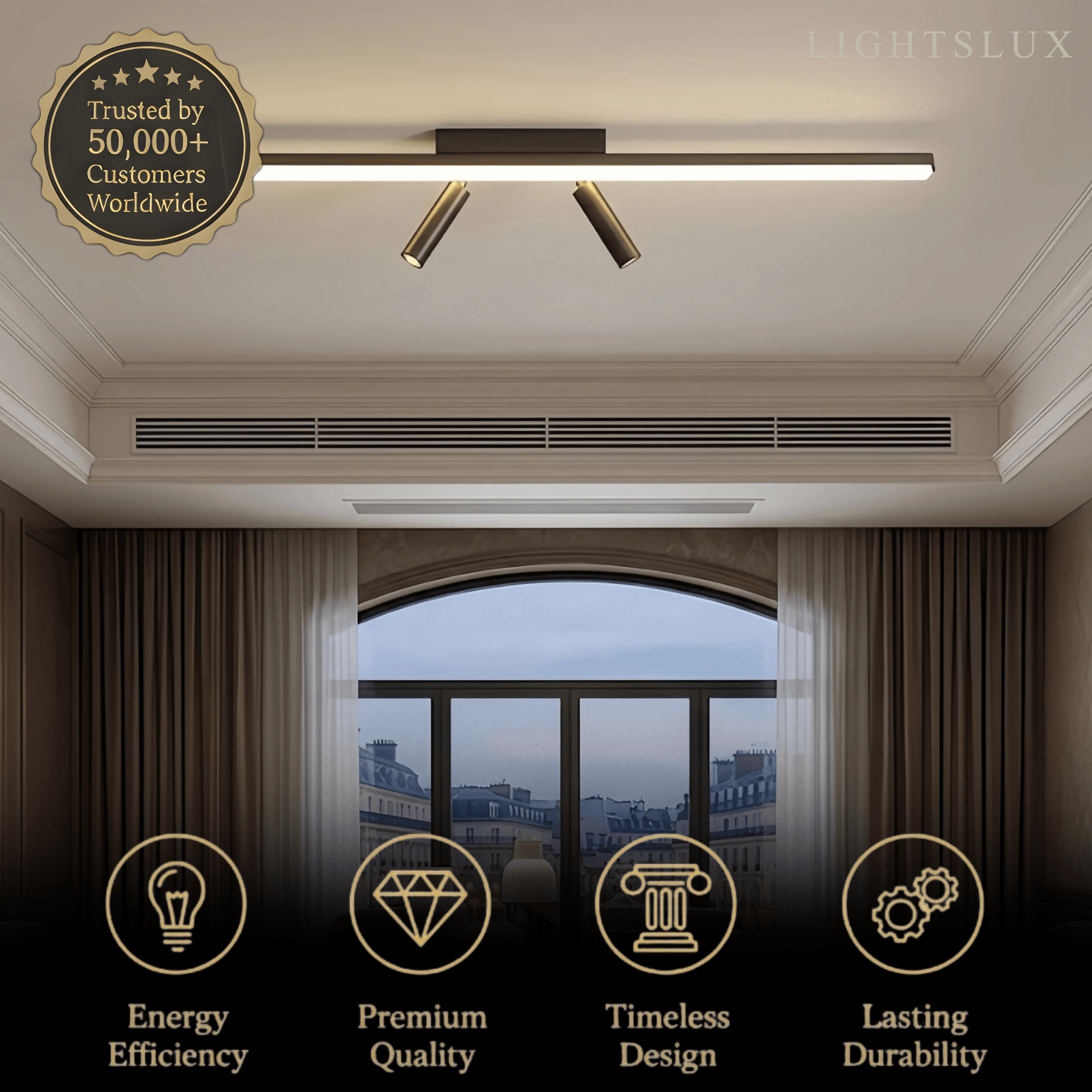 Lámpara de techo lineal minimalista Arcato – Estructura de metal negro para salón/dormitorio