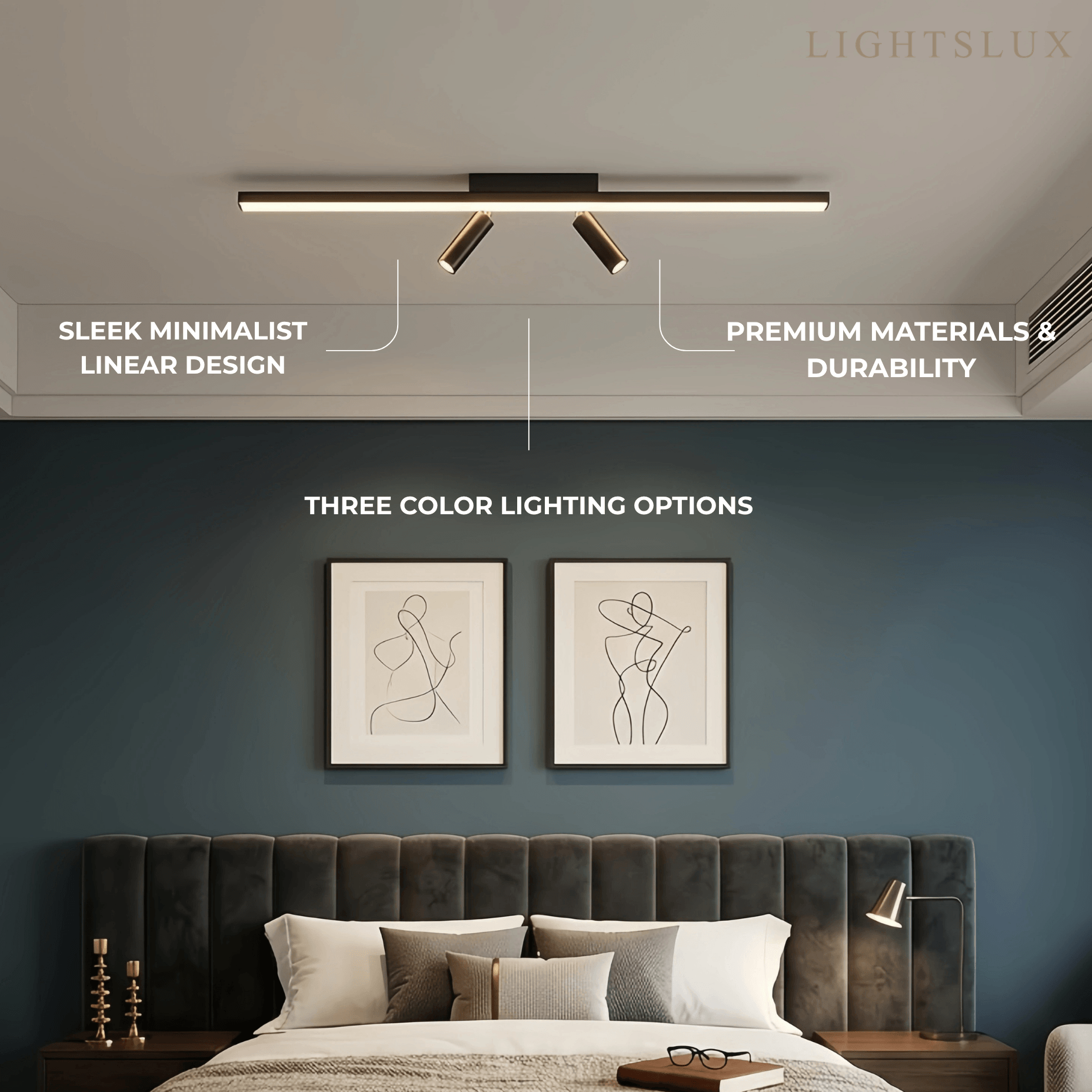 Lámpara de techo lineal minimalista Arcato – Estructura de metal negro para salón/dormitorio
