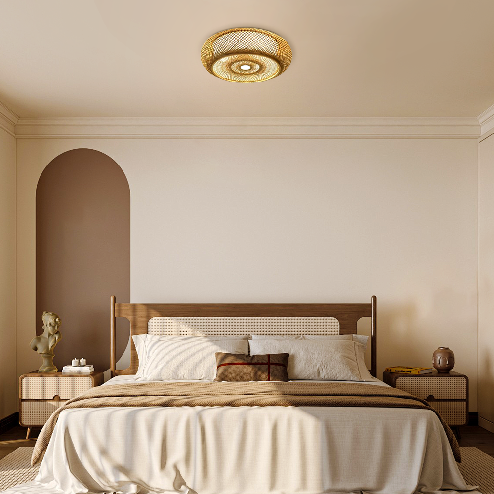 Bamburo Natural Bamboo Ceiling Light — Round Rattan Woven & LED Bedroom