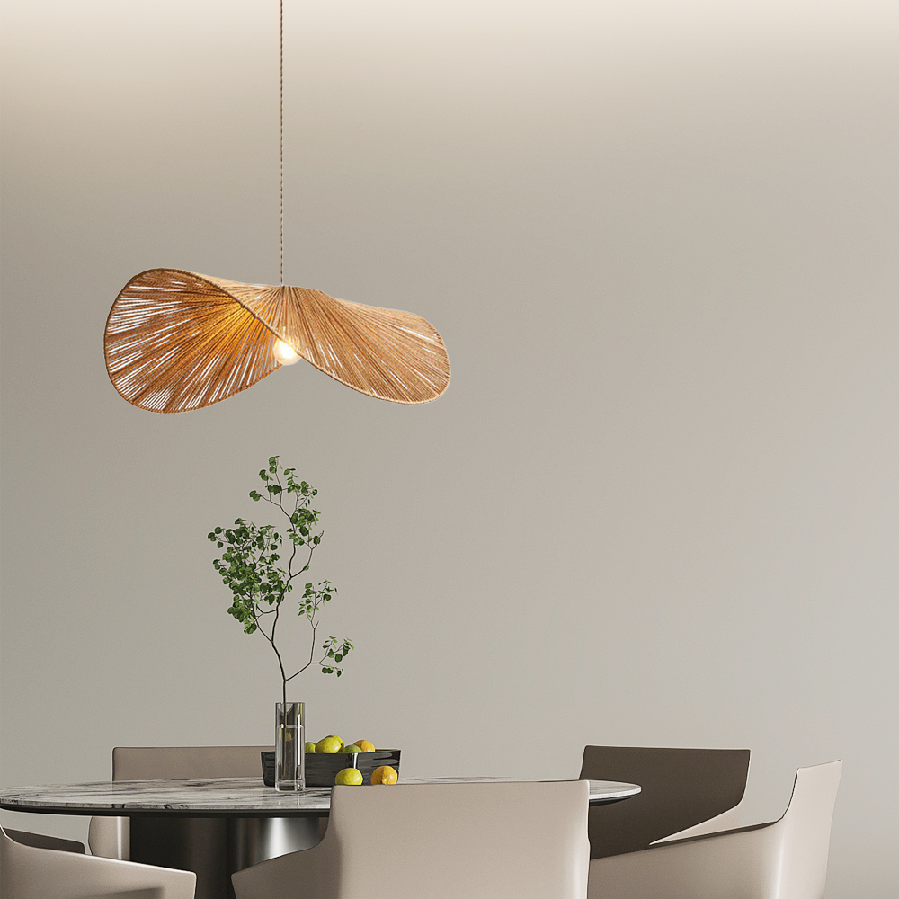 Farmhouse Brown Pendant Light – Metal Rattan Hooded