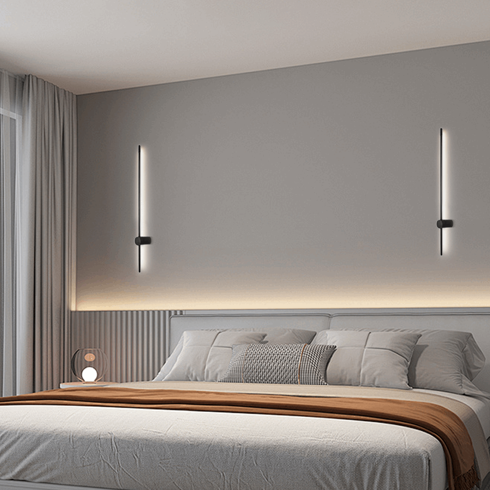 Two Minimalist Led Black Wall Lamp on Bed Back wall 