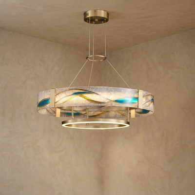 Art Deco Enamel Chandelier – Textured Glass Brushed Brass Blue Amber for Dining Room