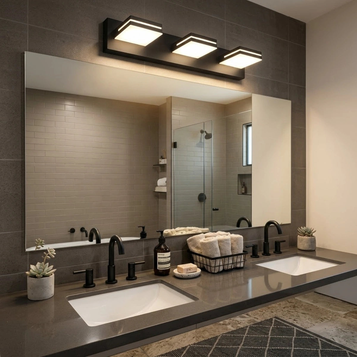 Arcato Modern 3-Light Bathroom Vanity – Cube Acrylic Shades on Matte Black Bathroom