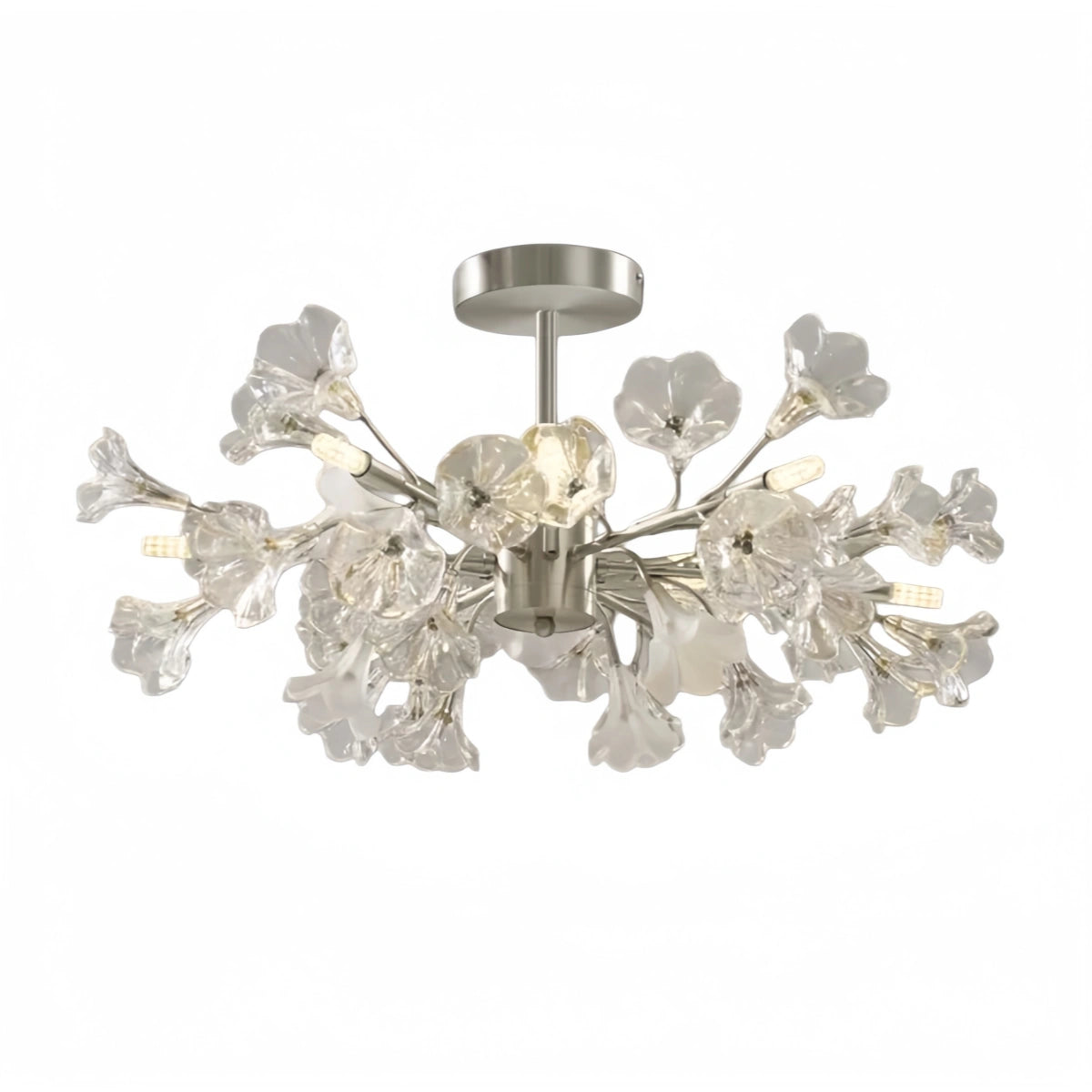 Lámpara de araña moderna de rama Velora – Flor de cristal de cobre y plata para sala de estar / dormitorio