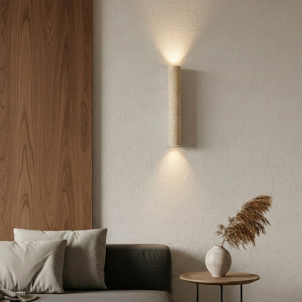 Minimalist Travertine Wall Lamp — Yellow Natural Stone & Walnut Backplate