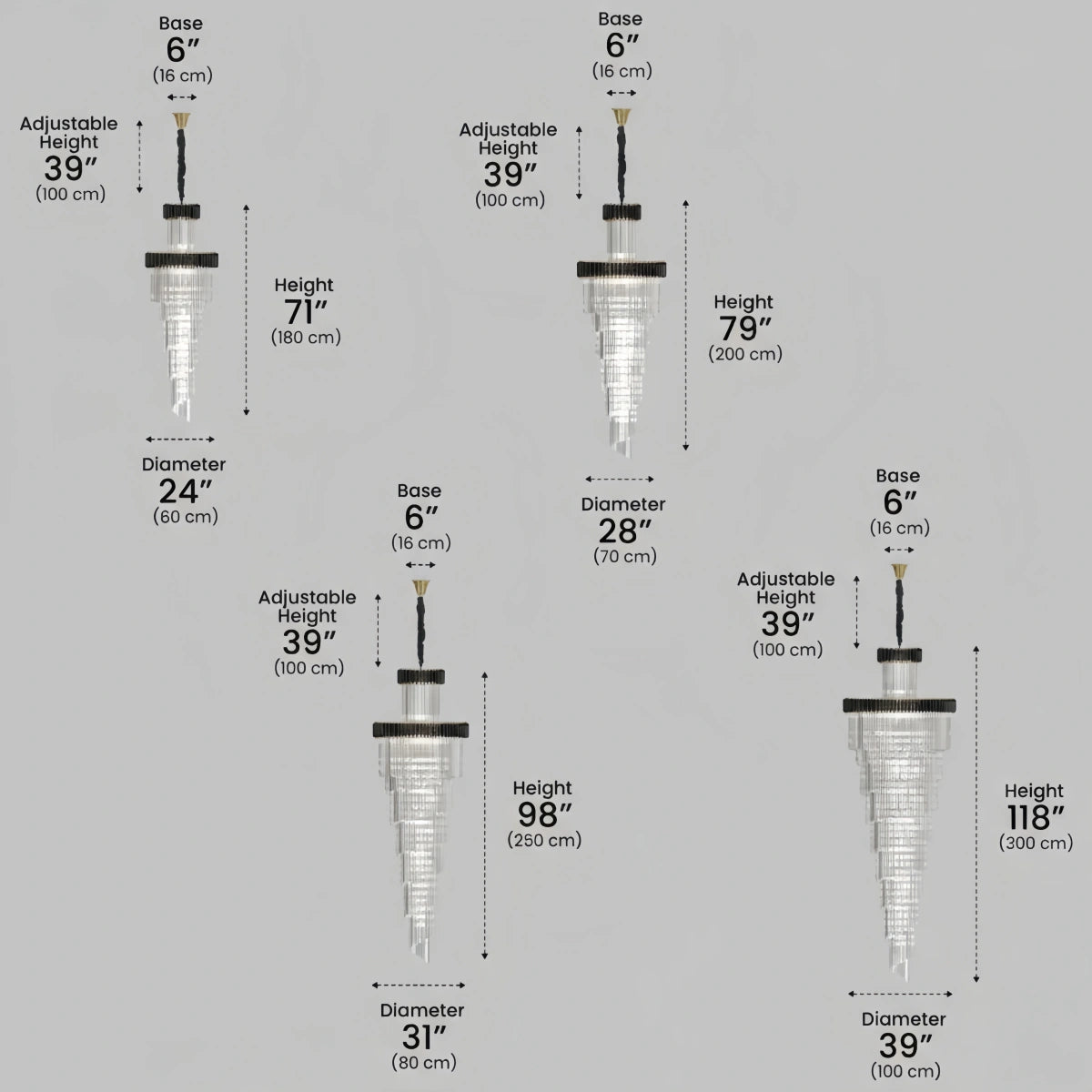 Excelis Luxury Cone Crystal Chandelier – Black Onyx Gold Large Dimmable for Foyer/Grand Hall