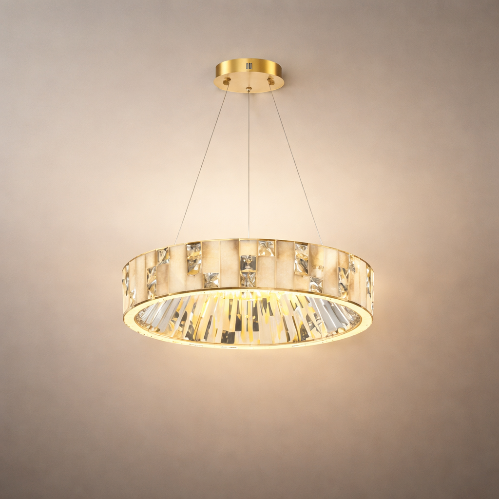 Excelis Modern Layered Alabaster Ring Chandelier – Brushed Gold Stainless Steel Framea