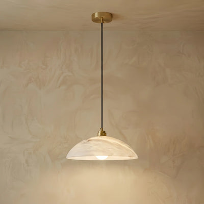 Minimalist Dome Pendant Lamp — Carved Alabaster & Polished Brass for Dining Room