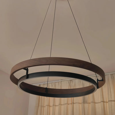 Lámpara de araña moderna Zenno para granja – LED circular de madera y acrílico negro para comedor