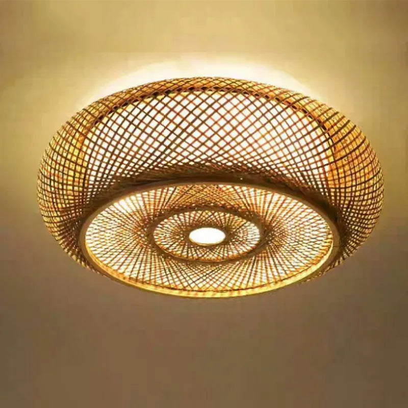 Bamburo Natural Bamboo Ceiling Light — Round Rattan Woven & LED Bedroom