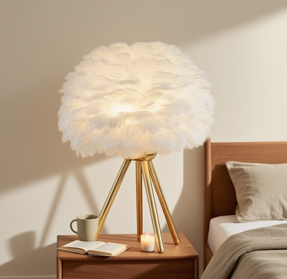 Lunara Art Deco Table Lamp – Feather& Metal Tripod Base for Children's Room/Bedroom