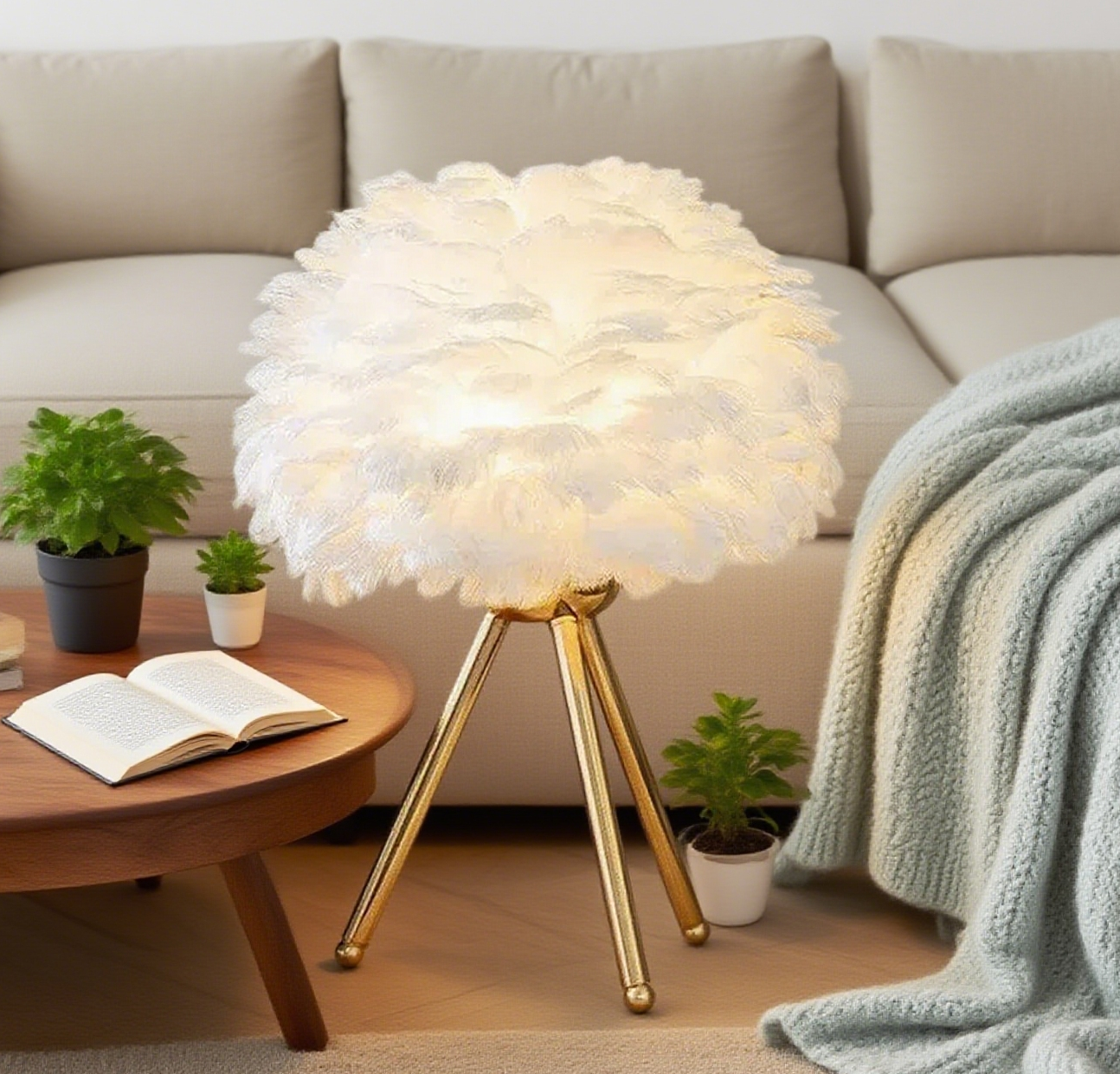 Lunara Art Deco Table Lamp – Feather& Metal Tripod Base for Children's Room/Bedroom