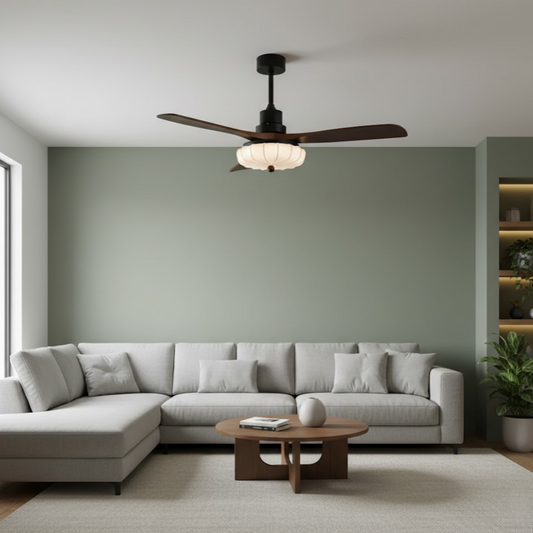 Modern Ceiling Fan Light — Lotus Fabric Shade & Walnut Wood Blades for Bedroom