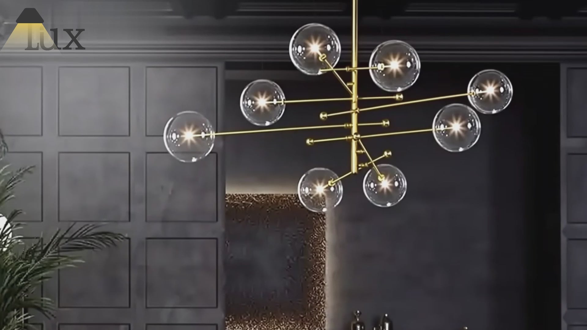 Lámpara de araña de cristal Nebula Royal Branch – Lujosa en metal negro/dorado para comedor