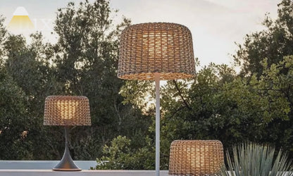 Bamburo Vintage Rattan Solar Outdoor Floor Lamp – Black Metal Hooded Terrace