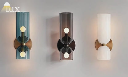 Vetro Modern Glass Wall Lamp - White/Blue/Gray Cylindrical Double Head for Bedroom