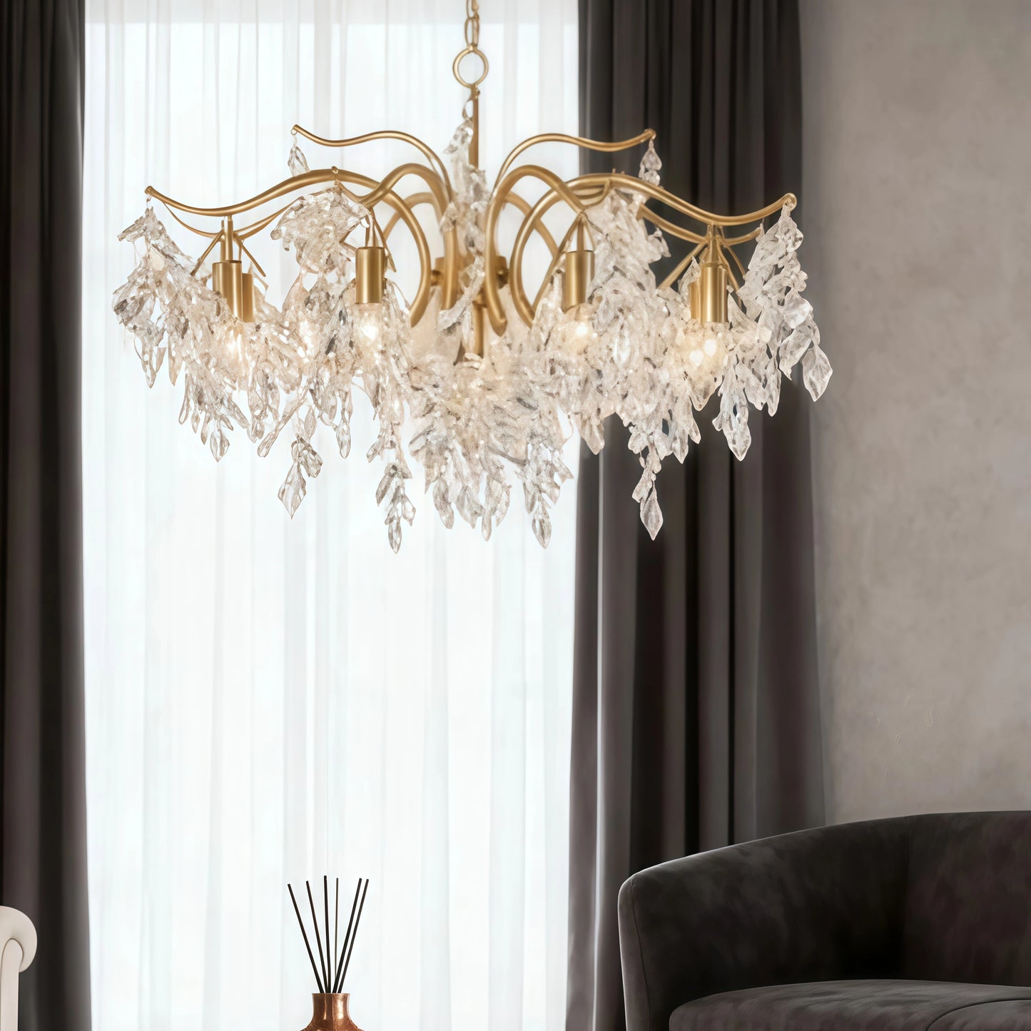 Excelis Royal Crystal Chandelier – Luxurious Black/Gold Finish for Living/Dining Room