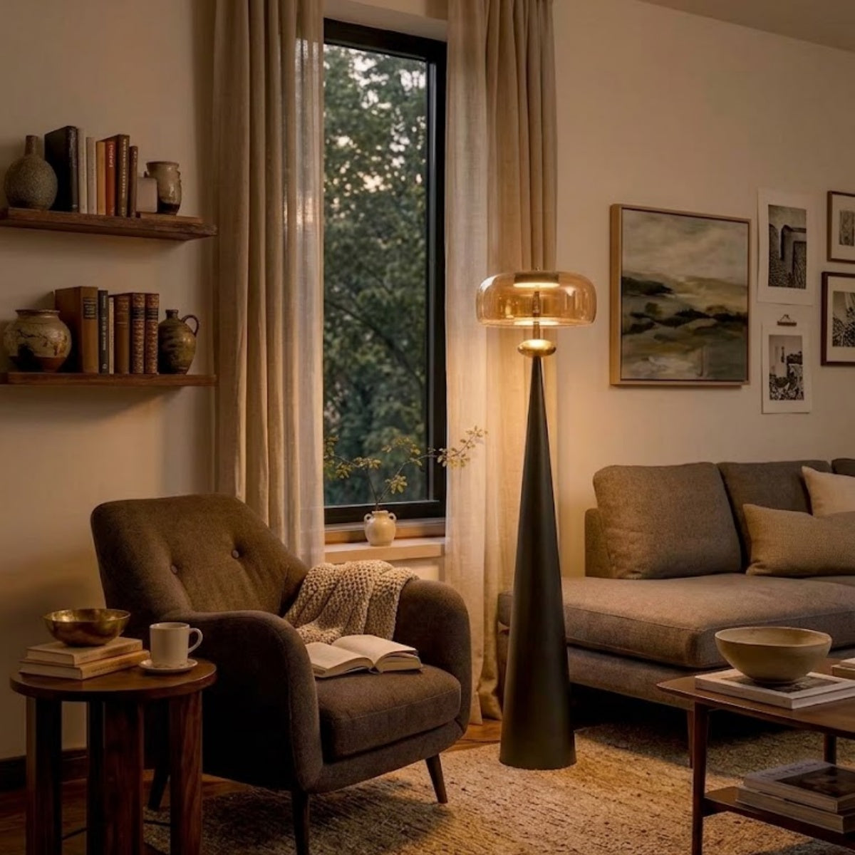 Vetro Modern Glass Floor Lamp -- Black Metal & Smoke Grey/Amber for Living Room